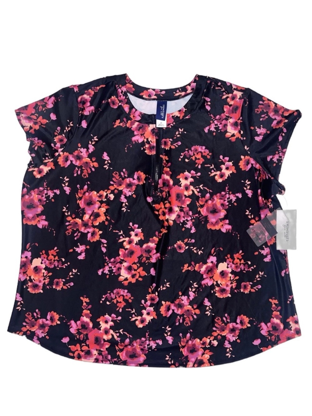 Swimsuits For All NEW Plus Sized Floral 1/4 Zip Swim Shirt Top Sz 26